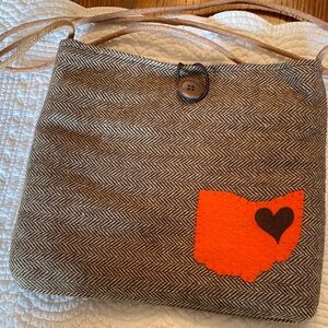 Brown Herringbone Shoulder Bag with Orange Heart Accent